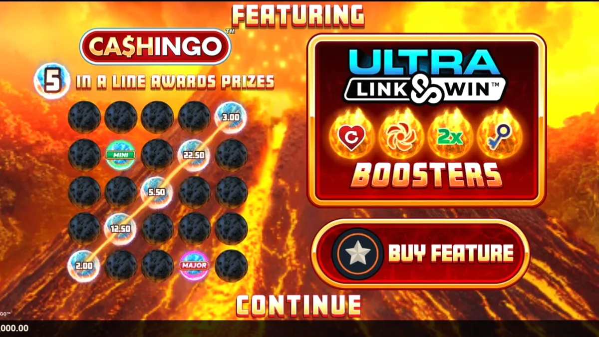 Tampilan antarmuka slot Eruption Blaze Cashingo di layar ponsel dengan tema gunung berapi yang membara.