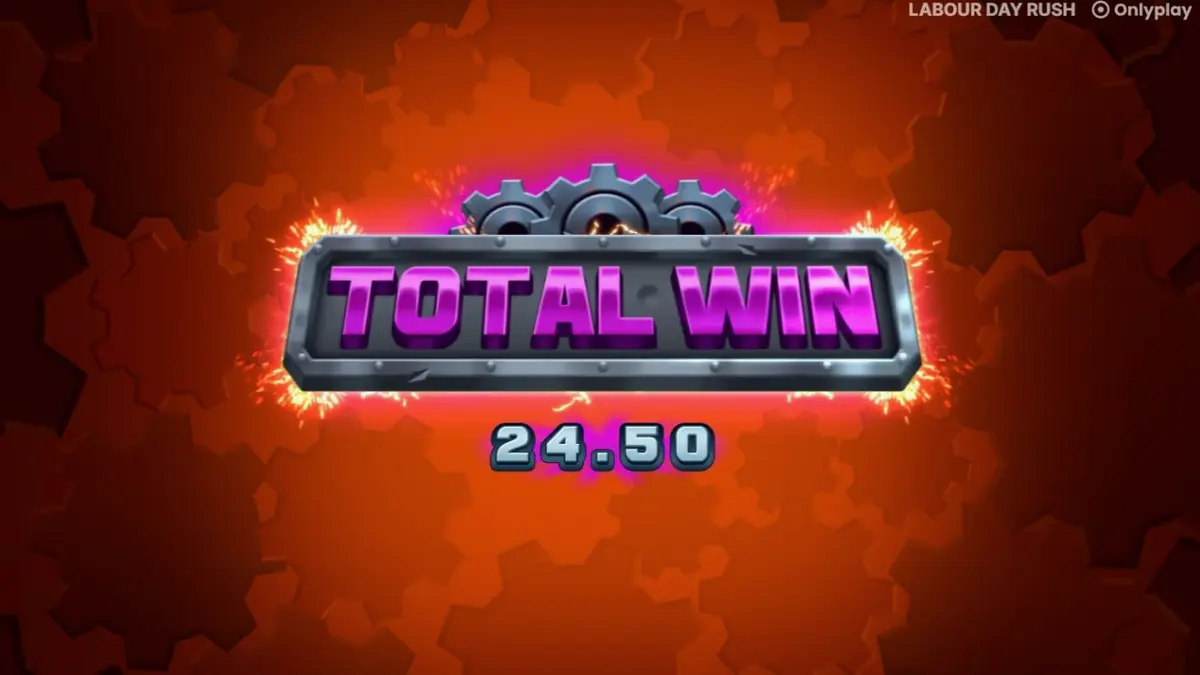 Tampilan visual slot Labour Day Rush dengan tema pabrik dan alat kerja